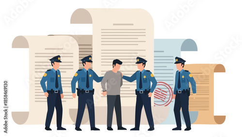 Police officers arresting a man with legal documents in background.