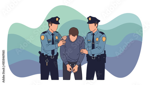 Police officers arresting a handcuffed suspect.