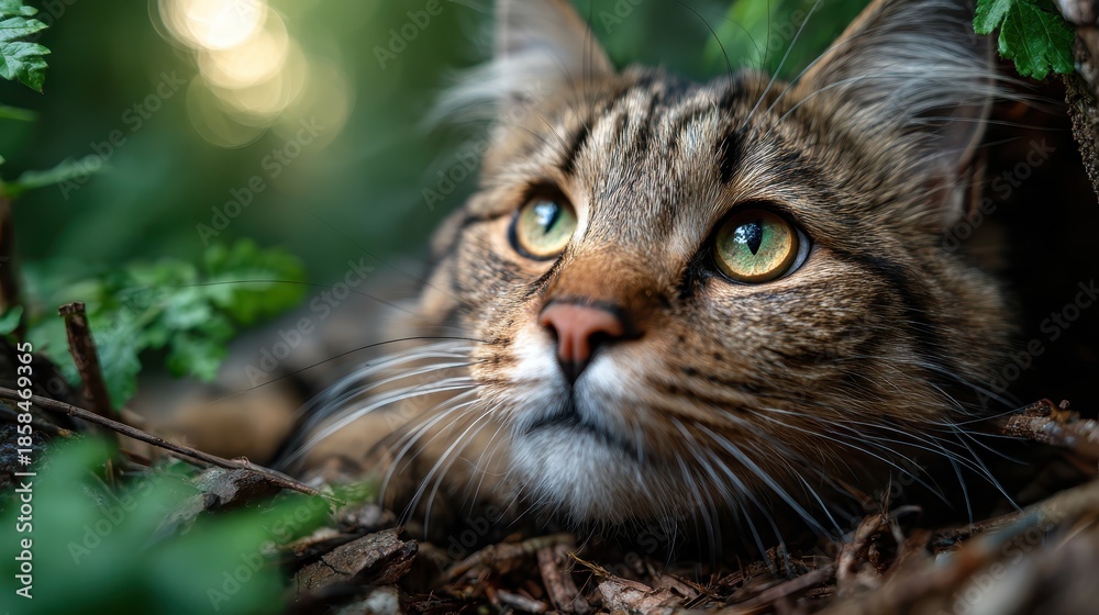 Obraz premium This charming image of a cat lying in lush greenery showcases the essence of relaxation and connection with nature, portraying an adorable and serene moment of stillness.