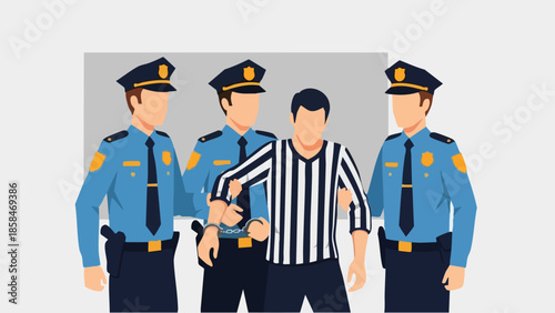 Police officers arresting a referee in handcuffs.