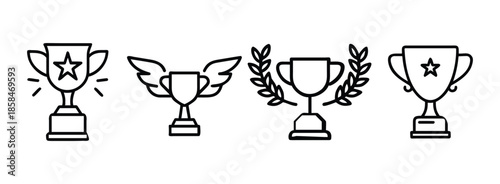 Set of four trophy icons with stars and laurel wreaths on transparent background