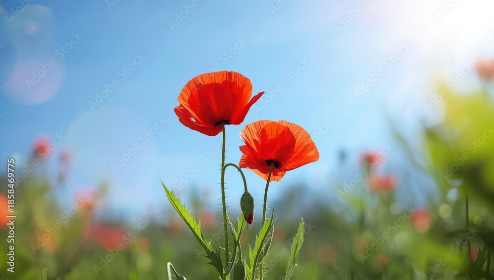 Obraz premium Two vivid red poppies with buds, garden planting for natural landscape, Earth Day