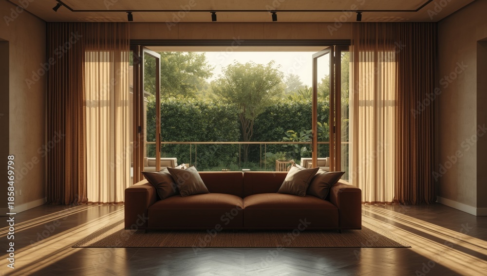 Fototapeta premium 3D living room with outdoor terrace and nature view, including a brown fabric sofa, serving as a setting for architectural visualization