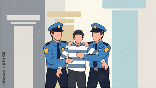 Two police officers escorting a suspect in handcuffs.