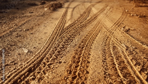 Imprints of car tires on a rugged dirt road, highlighting off-road driving conditions