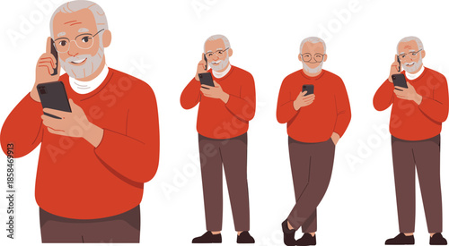 Senior man using smartphone, elderly person texting calling online, modern technology lifestyle concept, smiling older adult, flat vector illustration