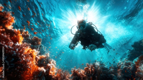 Wallpaper Mural A diver gracefully navigates through a breathtaking underwater landscape filled with colorful coral reefs and vibrant marine life, representing curiosity and adventure. Torontodigital.ca