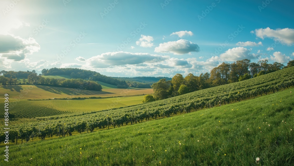 Fototapeta premium Vast farmland including fields, vineyards, and forests indicating mixed agriculture and forestry activities, Earth Day