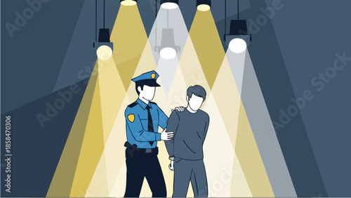 Police officer arresting a suspect under spotlights.