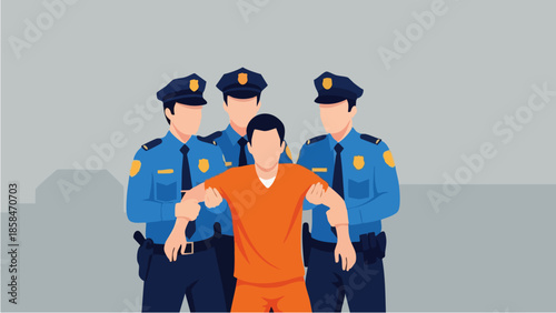 Prisoner escorted by police officers illustration.