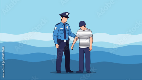 Police officer comforting a sad young boy.