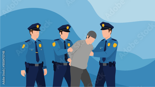 Police officers arresting a man in handcuffs.