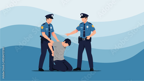 Police officers arresting a suspect on a blue background.