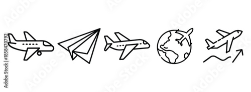 Set of travel icons including airplane and globe