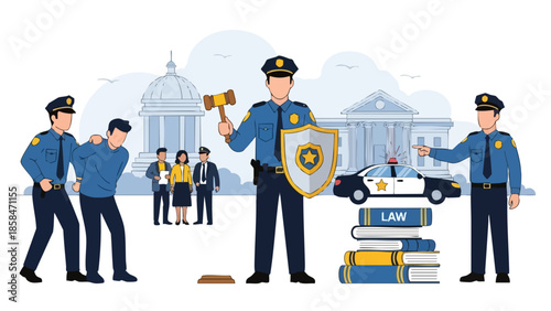 Police Officers Enforcing Law and Order with Justice Symbolism.