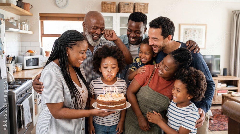 Obraz premium Blended Multi-Ethnic Family Celebrating Birthday Party Together at Home
