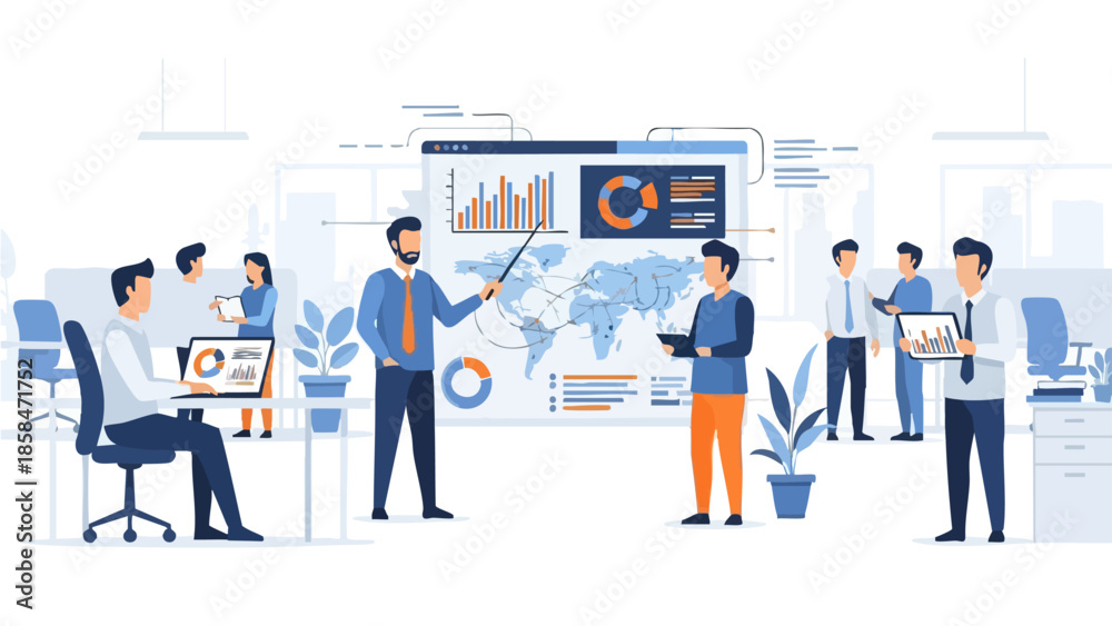 Fototapeta premium Business meeting presentation with data analysis and global map.
