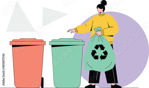 Young woman sorting household waste and holding a green recycling bag next to colorful plastic garbage bins
