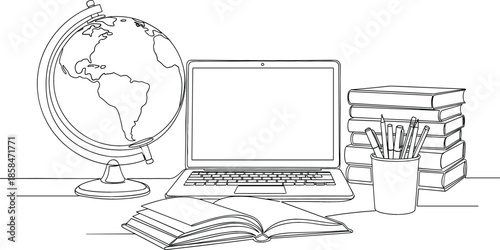 Minimalist black and white line art vector illustration of a study workspace featuring a globe, laptop, open book, and stack of textbooks, representing global education and academic research