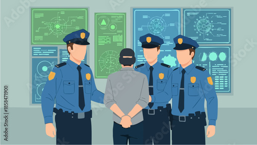 Police officers apprehending a suspect in handcuffs.