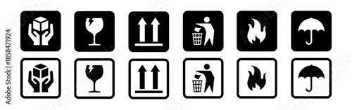 Collection of Various Black and White Fragile Package Handling Warning Label Vector Illustration Symbols on Square Background Showing Awareness for Proper Care and Safety in Transportation