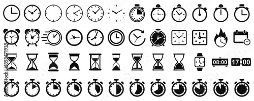 Collection of Various Time Related Icons Including Clocks, Stopwatches, Hourglasses and Digital Timers in Black and White Vector Style with Clean Design Elements