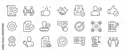 Collection of Vector Icons Representing Approval and Agreement with Checkmarks Handshakes and Thumbs Up Isolated on White Background Exactly Two Hundred Characters