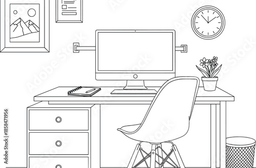 Minimalist black and white line art vector illustration of a home office workspace featuring a desk, computer monitor, ergonomic chair, and decorative wall elements