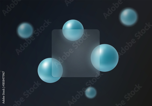 Dark abstract glass morphism background with translucent square panel and floating blue spheres