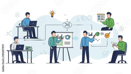 Business meeting and presentation with charts and laptops.