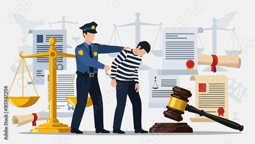 Police officer arresting a criminal suspect in striped uniform.