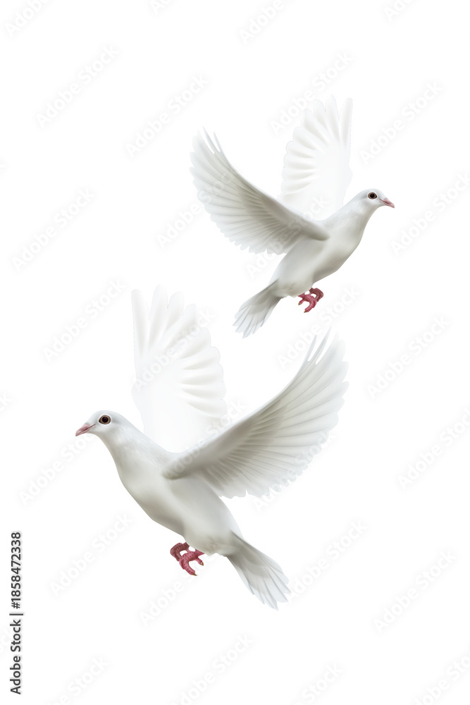 Obraz premium Two graceful white doves flying together with spread wings symbolizing peace and freedom isolated on transparent background