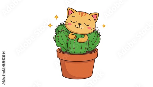 A happy feline, eyes closed, cuddles a spiky green cactus in a terracotta pot with twinkling stars