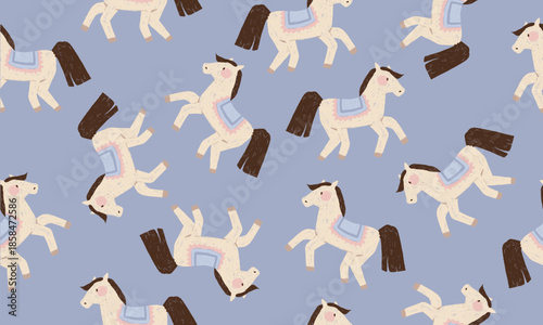 Seamless Pattern with Cute Hand Drawn Horses on Blue