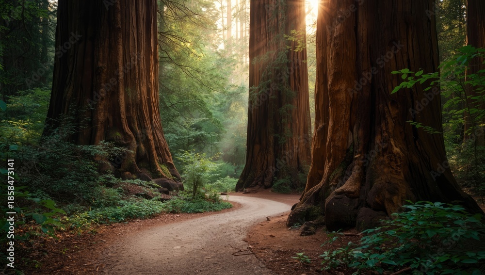 Obraz premium Redwood forest pathway with tall trees lining the route, highlighting conservation efforts