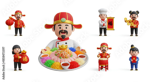 Happy Chinese New Year Celebration with Festive Characters and Traditional Food