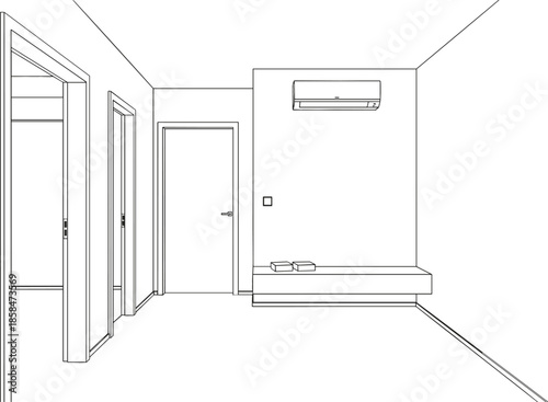 Minimalist interior room line art vector with hallway doors air conditioner unit and modern simple furniture design