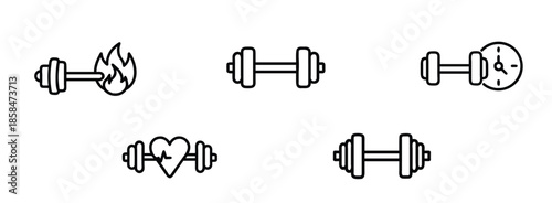 Collection of fitness dumbbell icons in line art style on transparent background