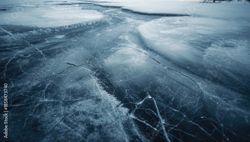 Cracked snowy ice on frozen river illuminated by lightning highlights seasonal change, winter conditions, Earth Day