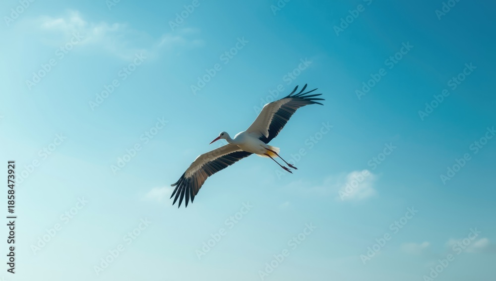 Fototapeta premium Recording of flying stork soaring above cityscape, natural light highlighting feathers, birdwatching activity, World Birding Day