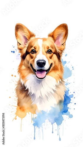 A happy, watercolor-style portrait of a smiling canine with brown and white fur and perky ears, featuring colorful splashes