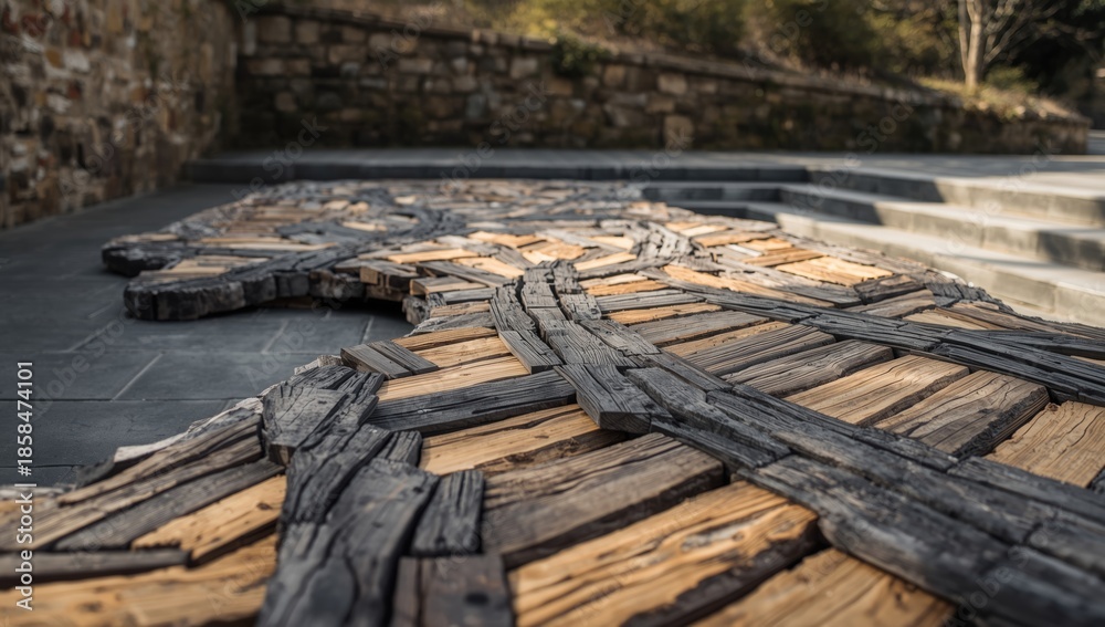 Fototapeta premium Wood and road surface pattern used as a public art installation in outdoor spaces, Earth Day