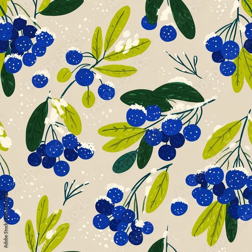 Patterns of blue berries and green leaves on a light background display natural elements in a simple design for decoration