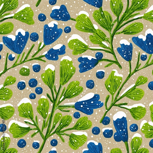 Bright floral pattern with blue flowers and green leaves on a light background showcasing nature's design