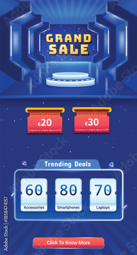Grand Sale Landing Page Design Vector Illustration For Website and Mobile On Blue Background. E-commerce Design Template.