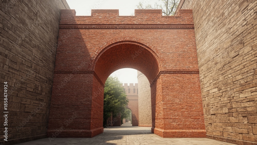 Obraz premium Granite stone and brick passage within a medieval castle’s walls, emphasizing architectural stability