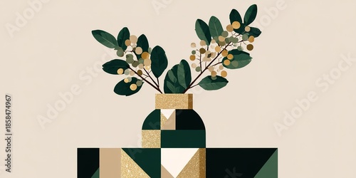 Artwork with geometric shapes and a vase holding green leaves and golden branches on a simple background