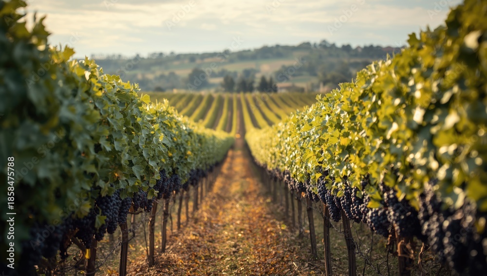 Obraz premium Vineyard with nebbiolo grapes and lush foliage during September, focusing on harvest readiness in a UNESCO-listed wine area