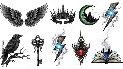 Dark fantasy gothic magic elements collection with wings raven crown key and lightning bolts.