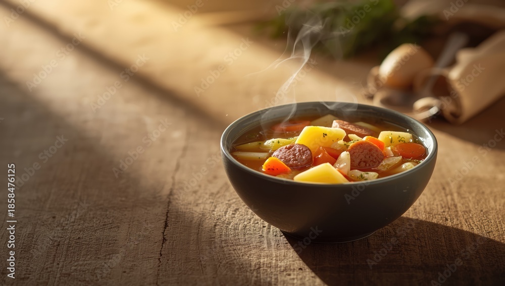 Fototapeta premium Vegetable and sausage cabbage soup featuring potatoes, onions, and carrots aimed at balanced diet planning, ideal for health-conscious meals